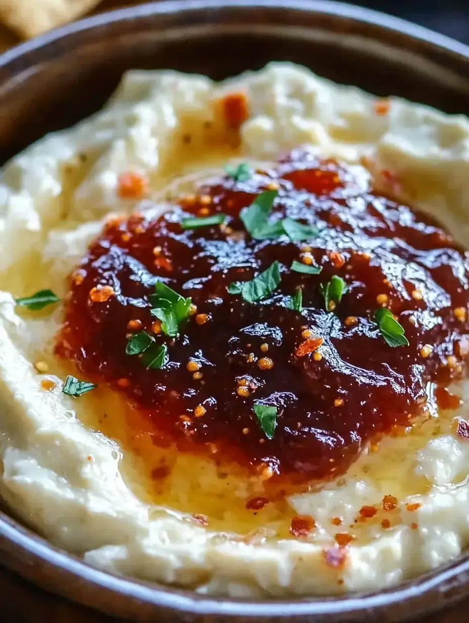 A close-up of a bowl of creamy hummus topped with a layer of sweet red jam and garnished with fresh herbs and spices.