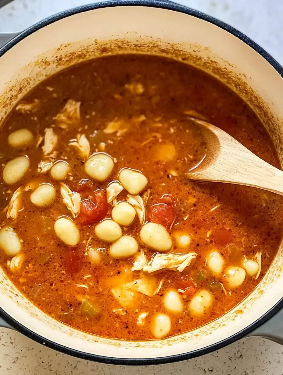 A close-up view of a simmering pot of soup with chicken, white beans, and tomatoes, accompanied by a wooden spoon.