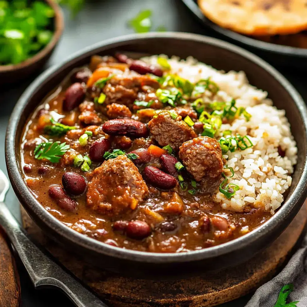 A bowl of savory beef and kidney bean stew served over white rice, garnished with chopped green onions and fresh herbs.