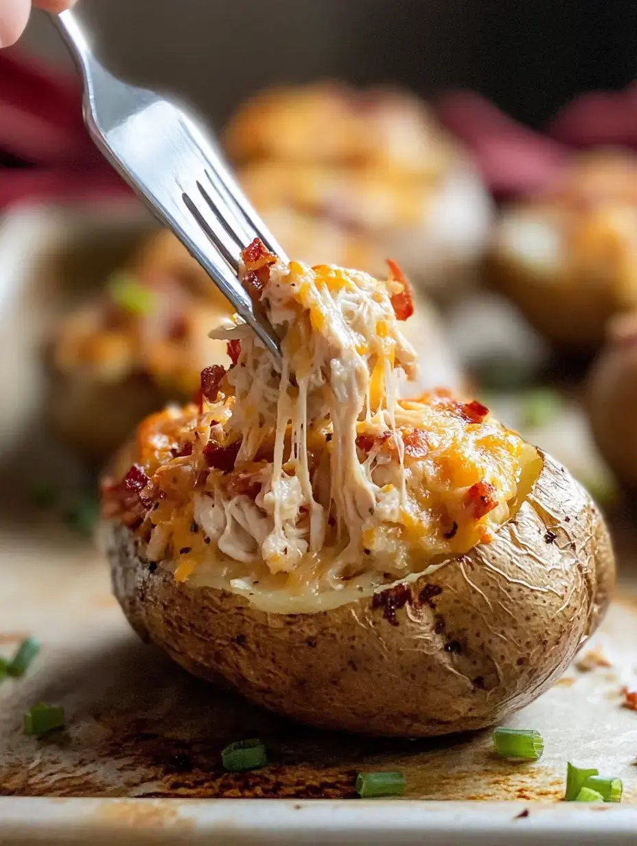 A fork lifts a cheesy, shredded chicken-stuffed baked potato topped with bacon, with more stuffed potatoes in the background.