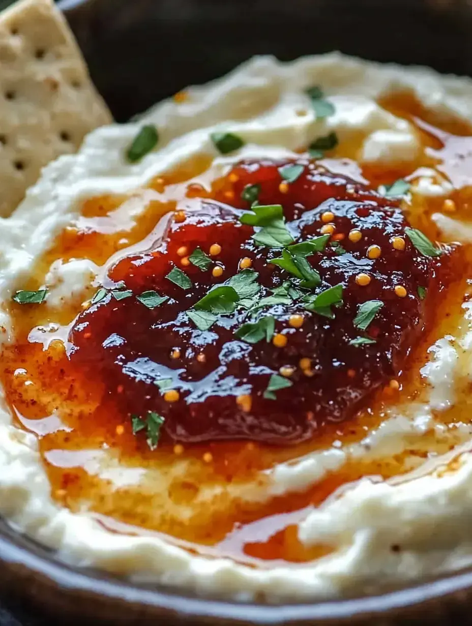 A close-up of creamy cheese topped with a flavorful red spread and garnished with chopped herbs, accompanied by a cracker.