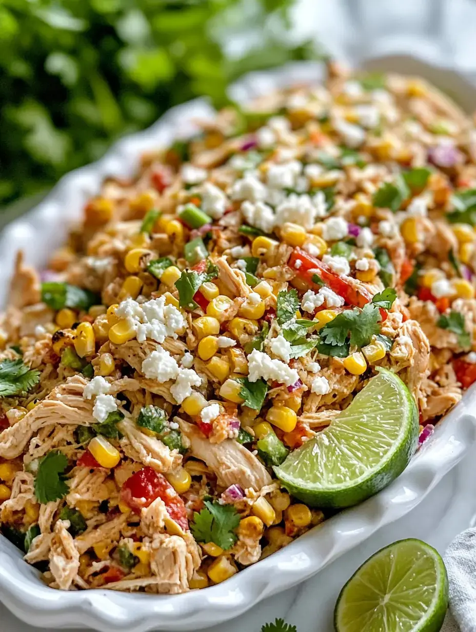 A colorful platter of shredded chicken mixed with corn, diced vegetables, cilantro, lime wedges, and topped with crumbled cheese.