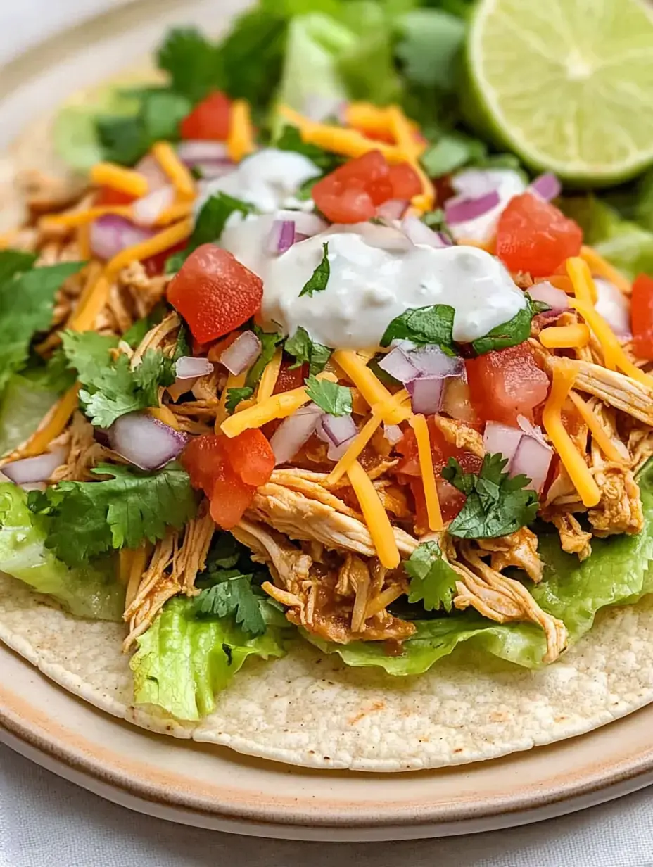 A colorful plate featuring a tortilla topped with shredded chicken, lettuce, diced tomatoes, onions, cheddar cheese, cilantro, and a lime wedge.