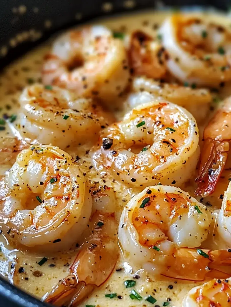 A close-up image of succulent shrimp cooked in a creamy sauce, garnished with black pepper and green herbs.