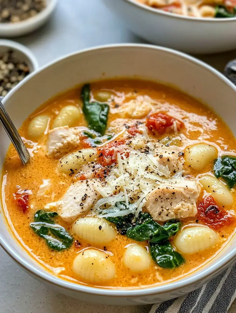 A bowl of creamy gnocchi soup featuring chunks of chicken, spinach, and tomatoes, topped with grated cheese and black pepper.