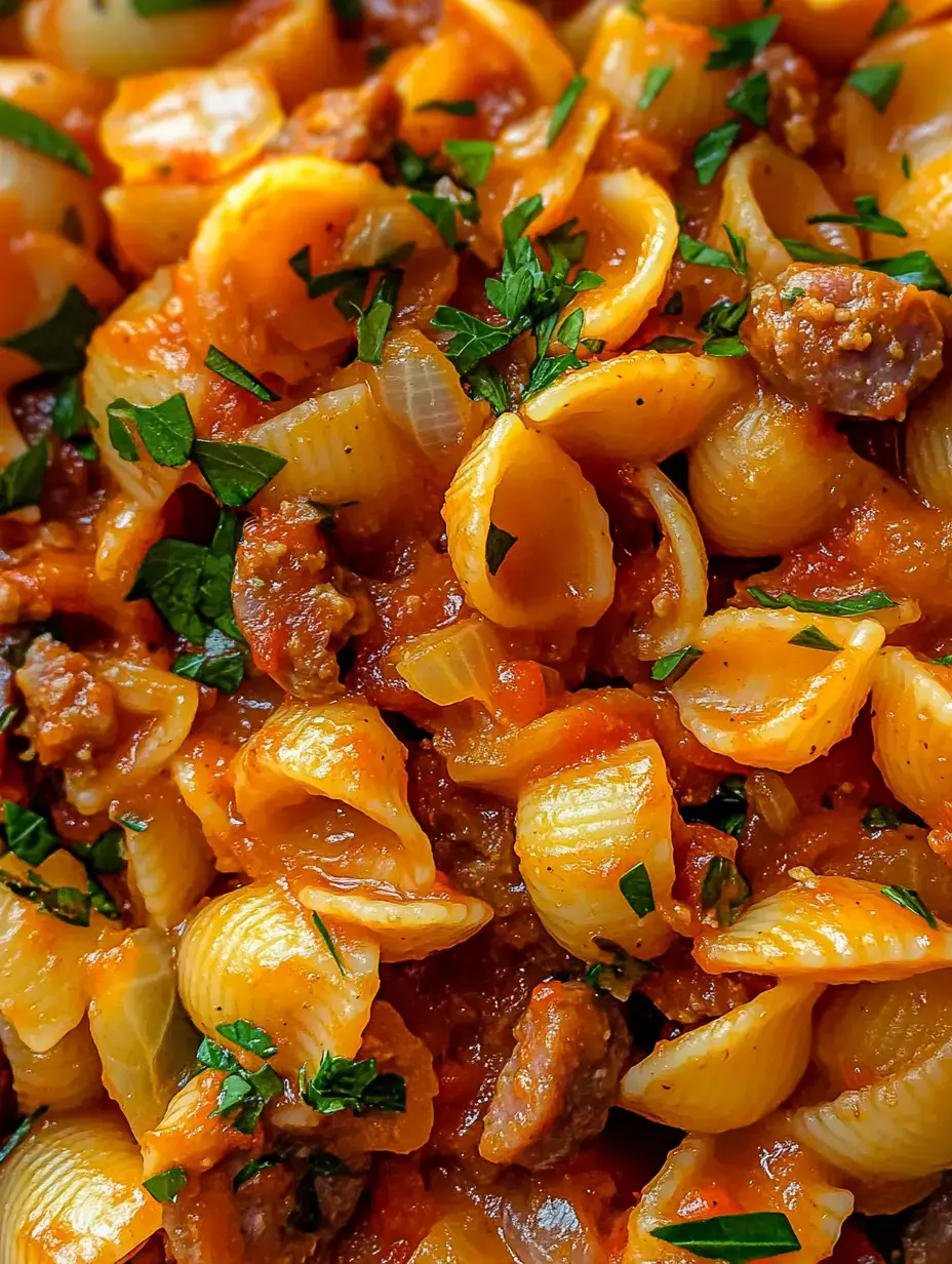 A close-up view of pasta shells mixed with tomato sauce, ground meat, and fresh parsley.