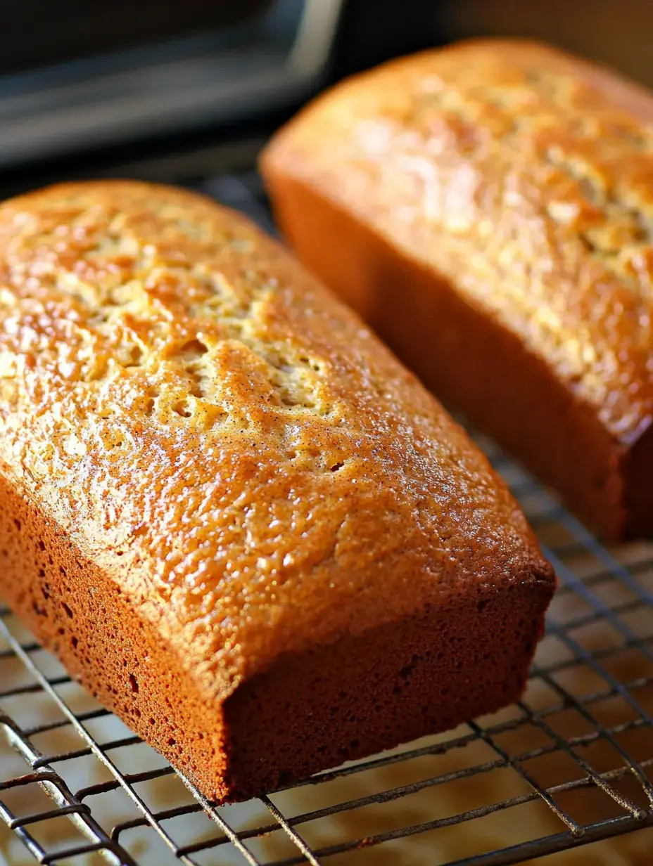 Two freshly baked loaves of brown bread cooling on a wire rack.