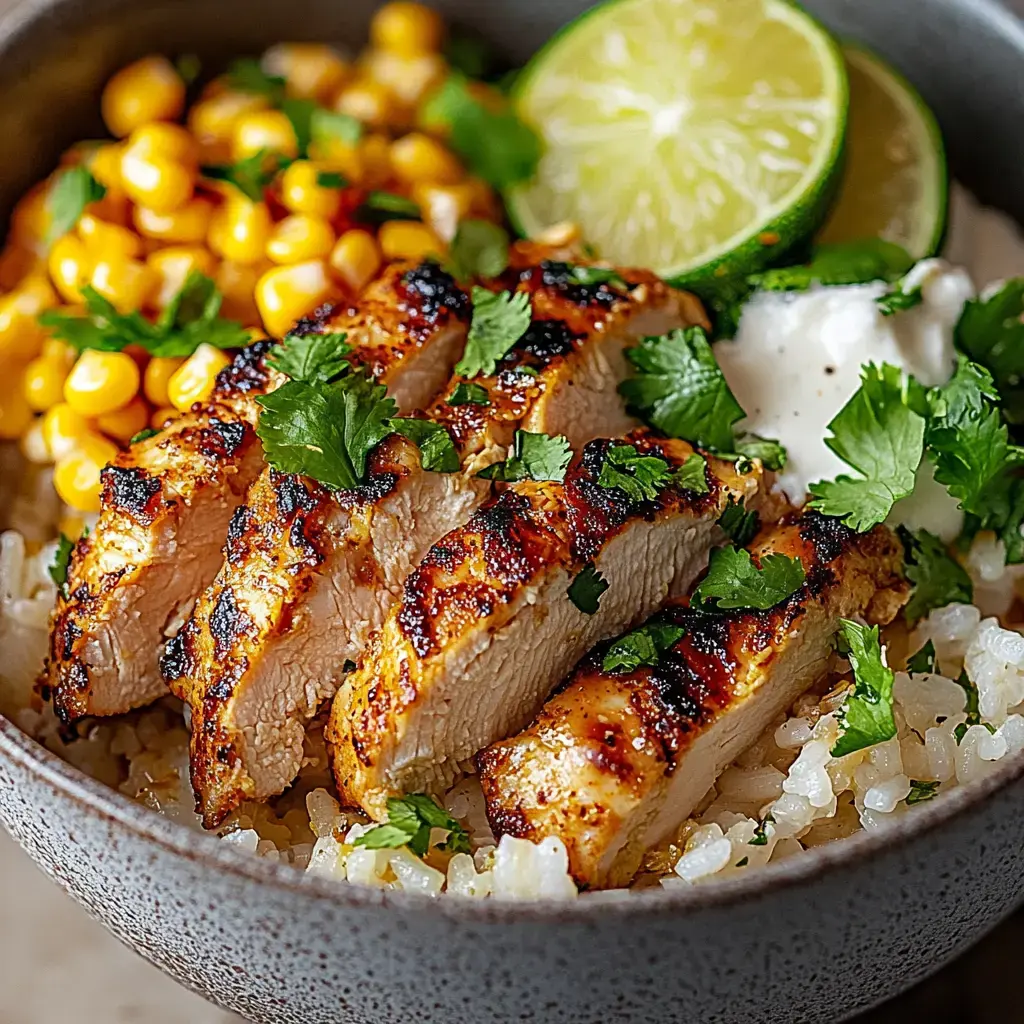 A bowl of grilled chicken slices atop rice, accompanied by corn, lime wedges, and garnished with cilantro.