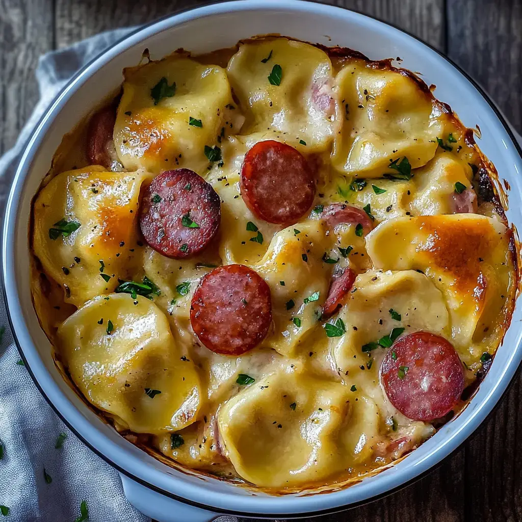 A baked pasta dish featuring stuffed tortellini, topped with pepperoni slices and sprinkled with parsley.