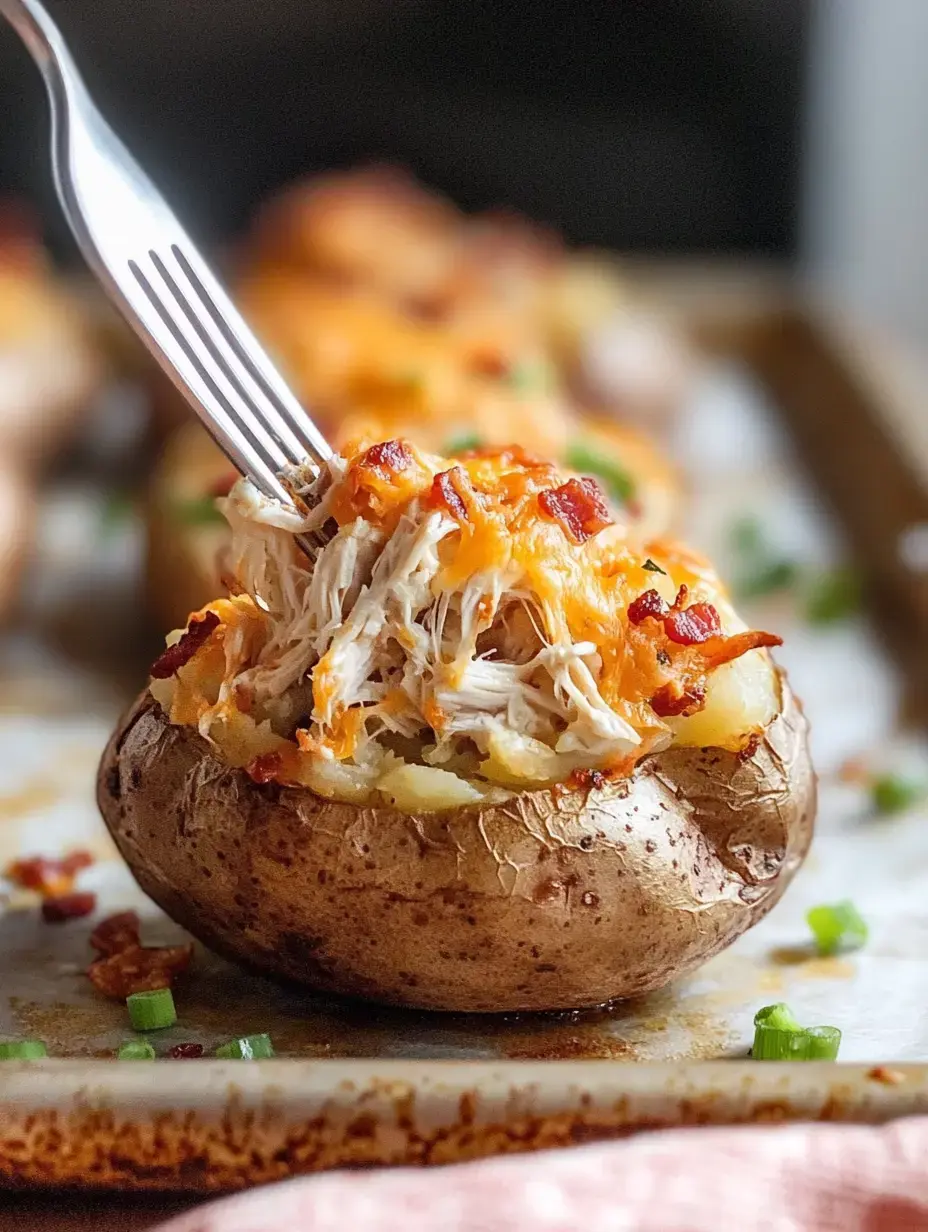 A fork is digging into a stuffed potato topped with shredded chicken and melted cheese, resting on a baking sheet with green onions in the background.