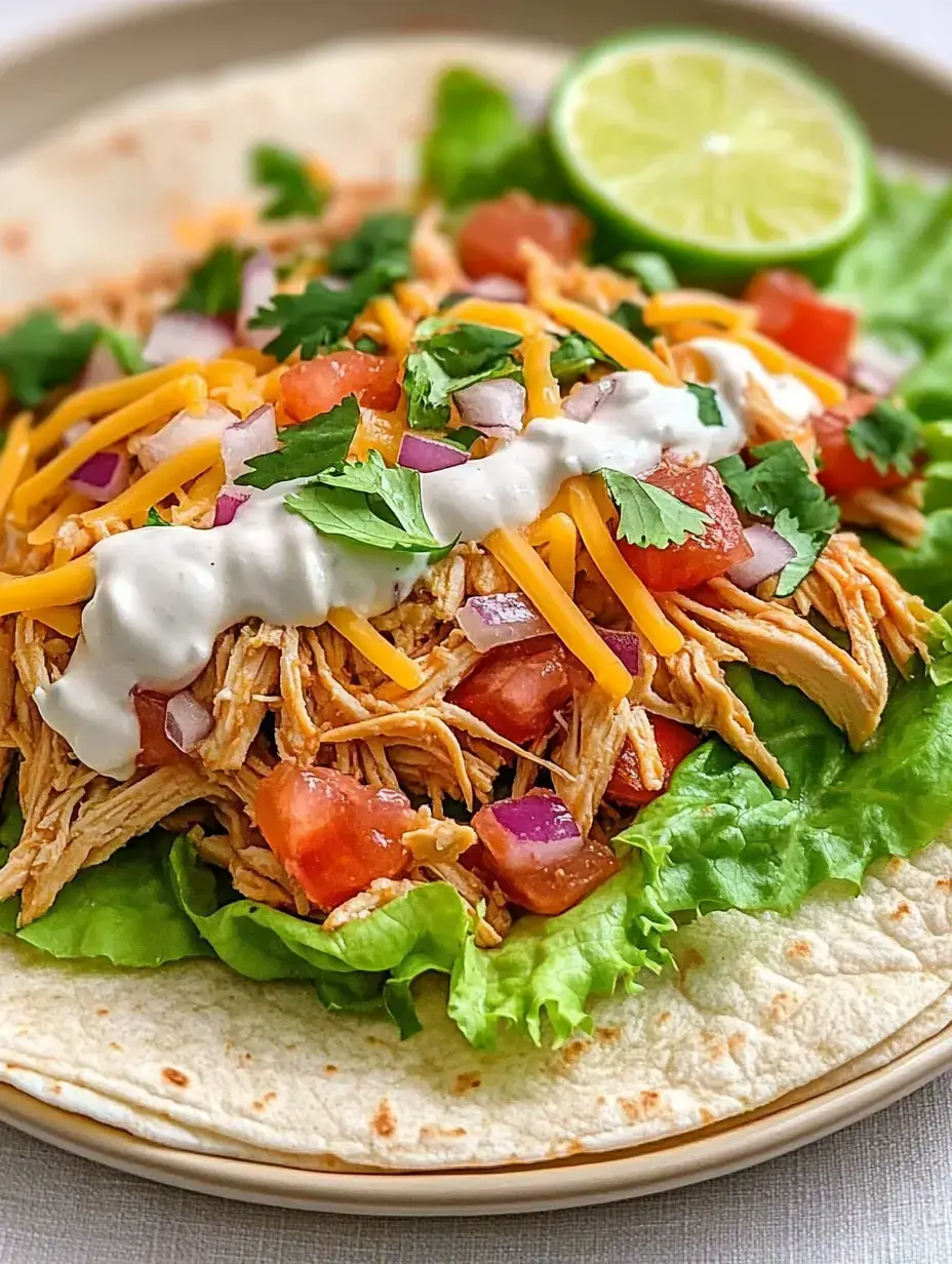 A tortilla filled with shredded chicken, lettuce, tomatoes, cheese, onions, cilantro, and sour cream, garnished with a lime wedge.