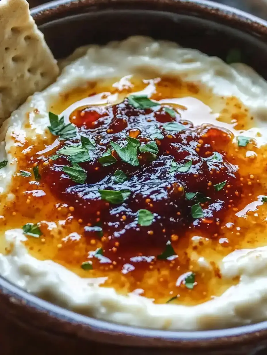 A close-up of a creamy dip topped with a shiny red sauce and sprinkled with green herbs, served with a piece of pita bread.