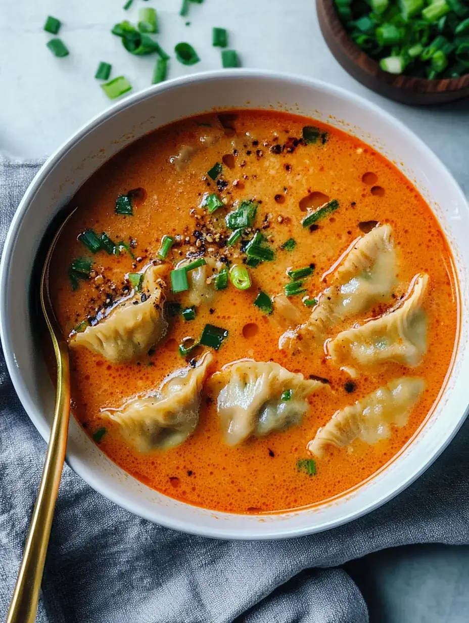 A bowl of creamy orange soup with dumplings, garnished with green onions and sprinkled with spices.