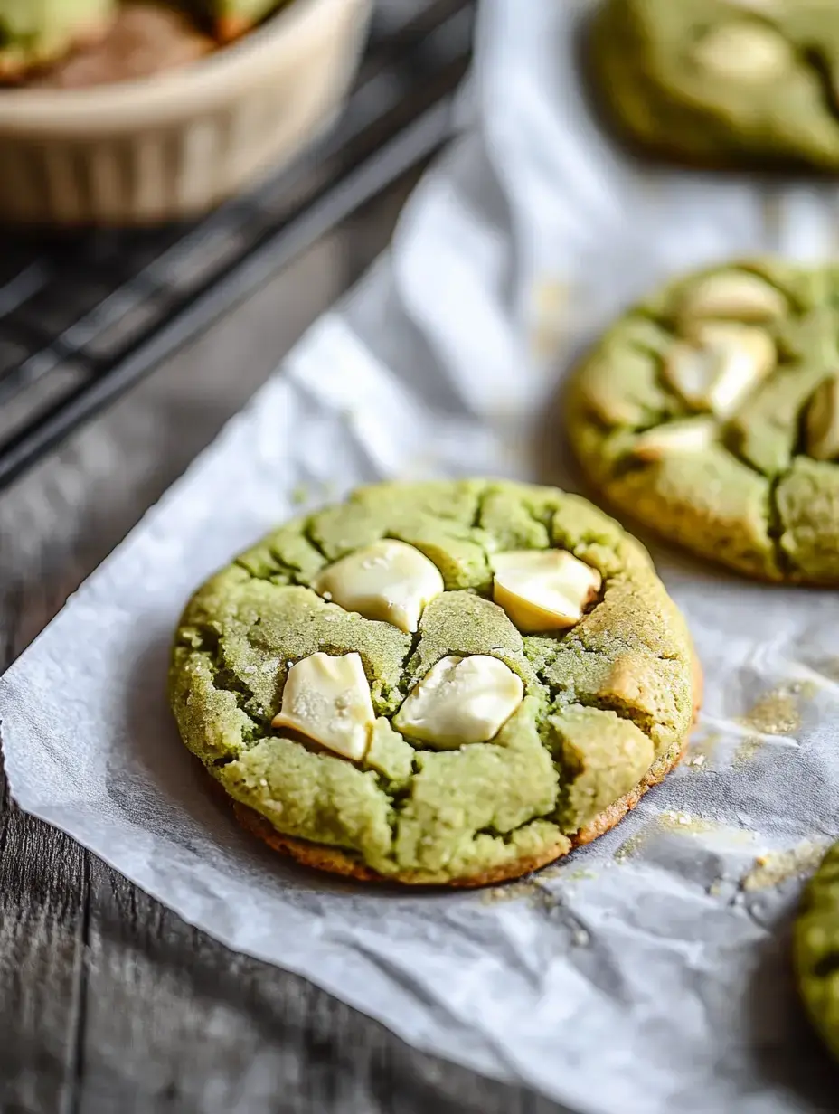 A close-up of green matcha cookies with white chocolate chunks on parchment paper.