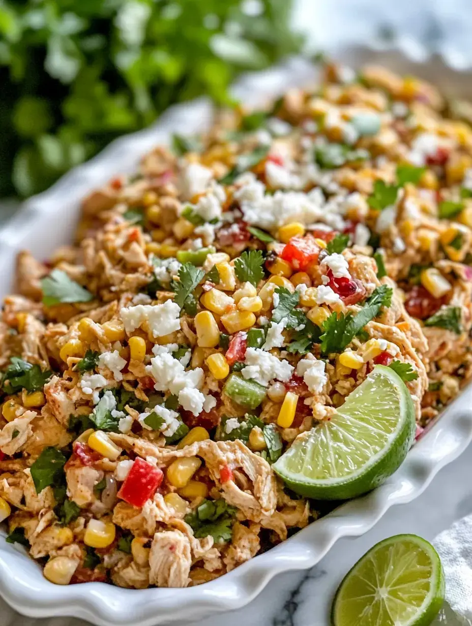 A white serving dish filled with a colorful mix of shredded chicken, corn, red and green bell peppers, topped with cilantro, crumbled cheese, and lime wedges.