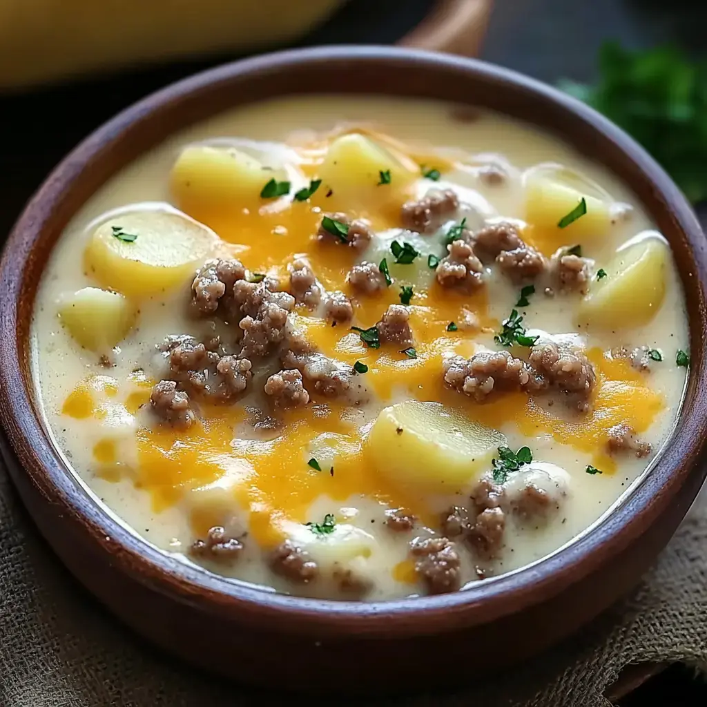 A wooden bowl filled with creamy potato and sausage soup, topped with shredded cheddar cheese and garnished with chopped parsley.