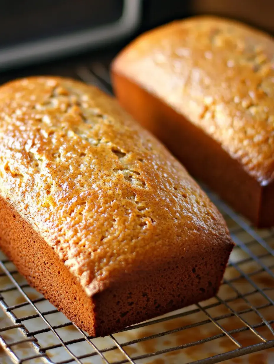 Two freshly baked loaves of brown bread cooling on a wire rack.