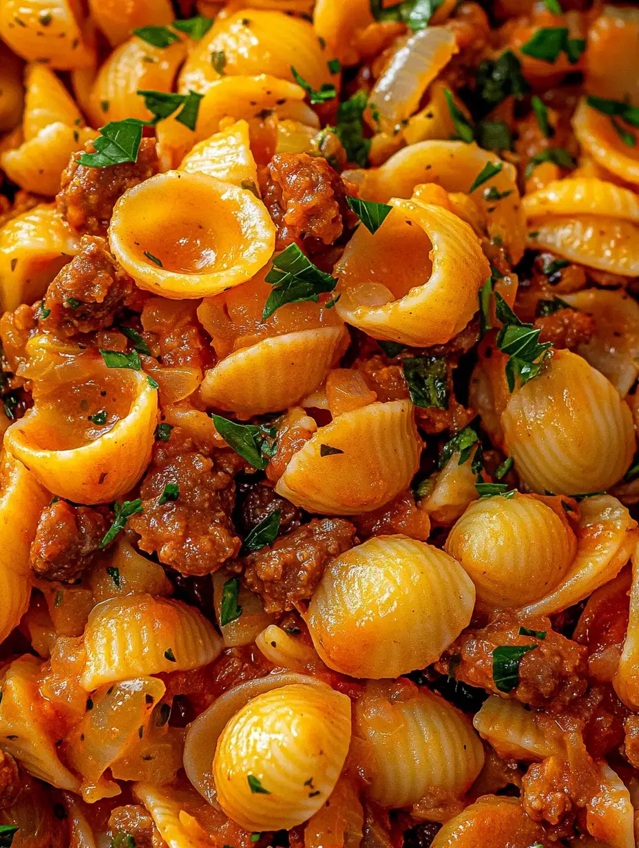 A close-up of cooked shell pasta mixed with ground meat, tomato sauce, and garnished with chopped parsley.