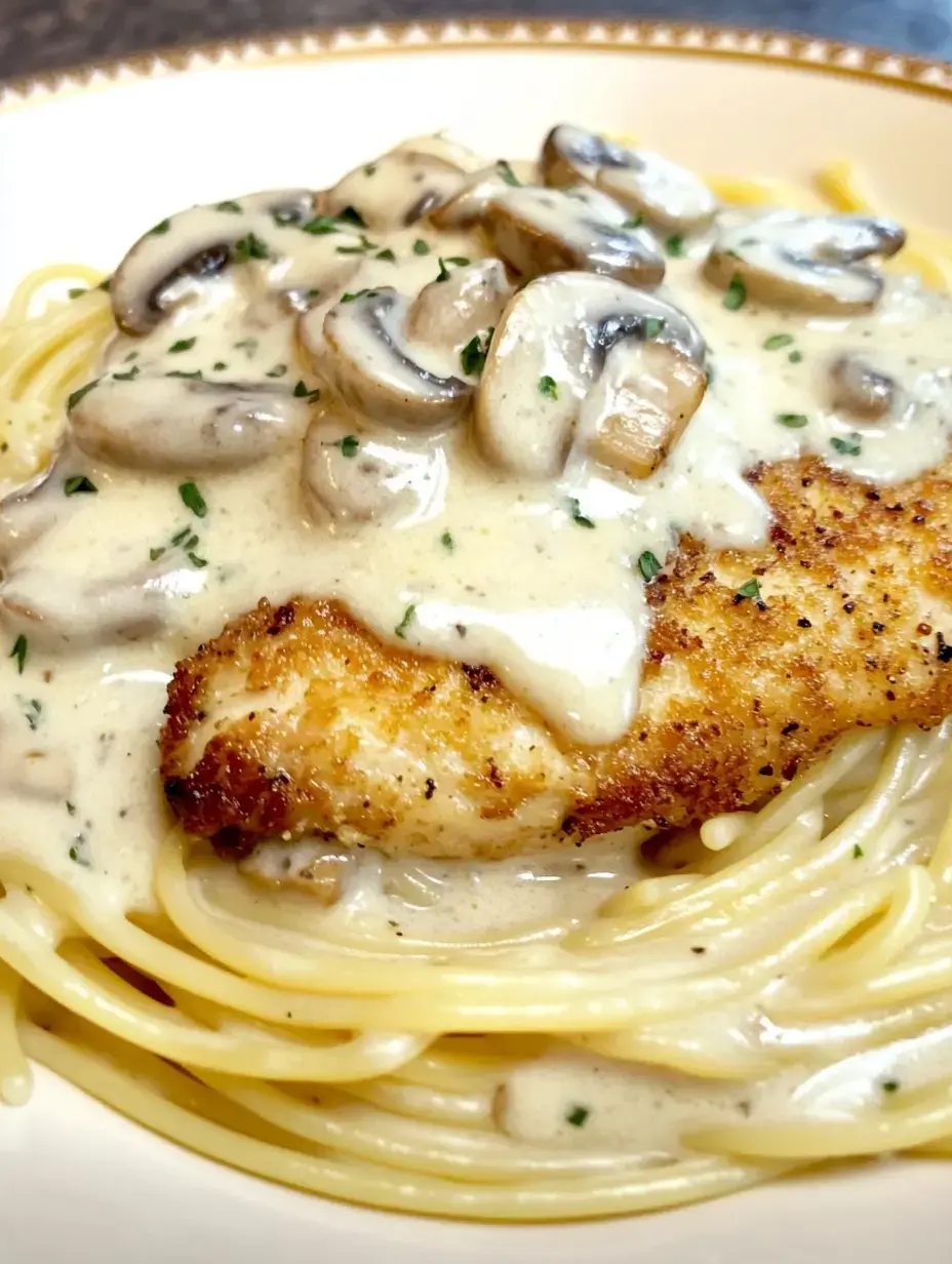 A plate of spaghetti topped with a piece of breaded chicken in a creamy mushroom sauce, garnished with parsley.