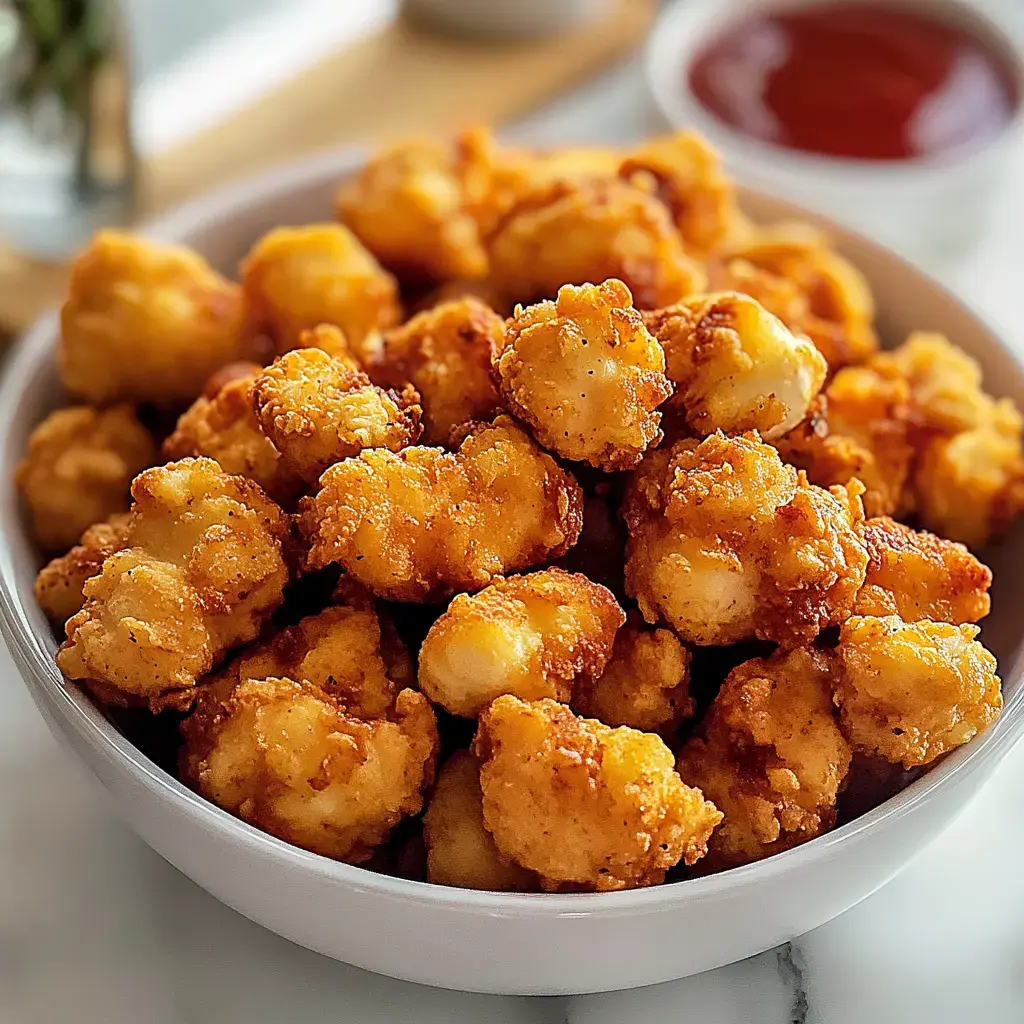 A bowl full of golden, crispy fried cauliflower bites is served with a small dish of ketchup on the side.