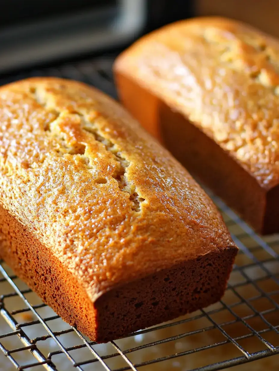 Two freshly baked loaves of golden bread cooling on a wire rack.