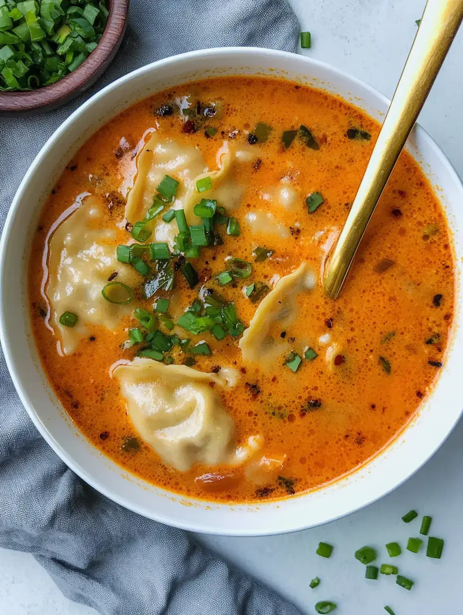 A bowl of creamy orange soup with dumplings and chopped green onions, accompanied by a side of additional chopped green onions.