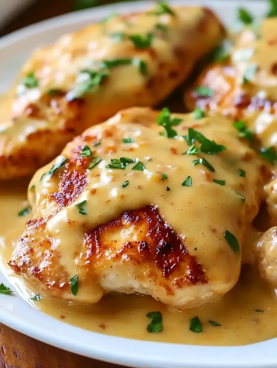 A close-up of grilled chicken fillets topped with a creamy sauce and garnished with fresh parsley on a white plate.