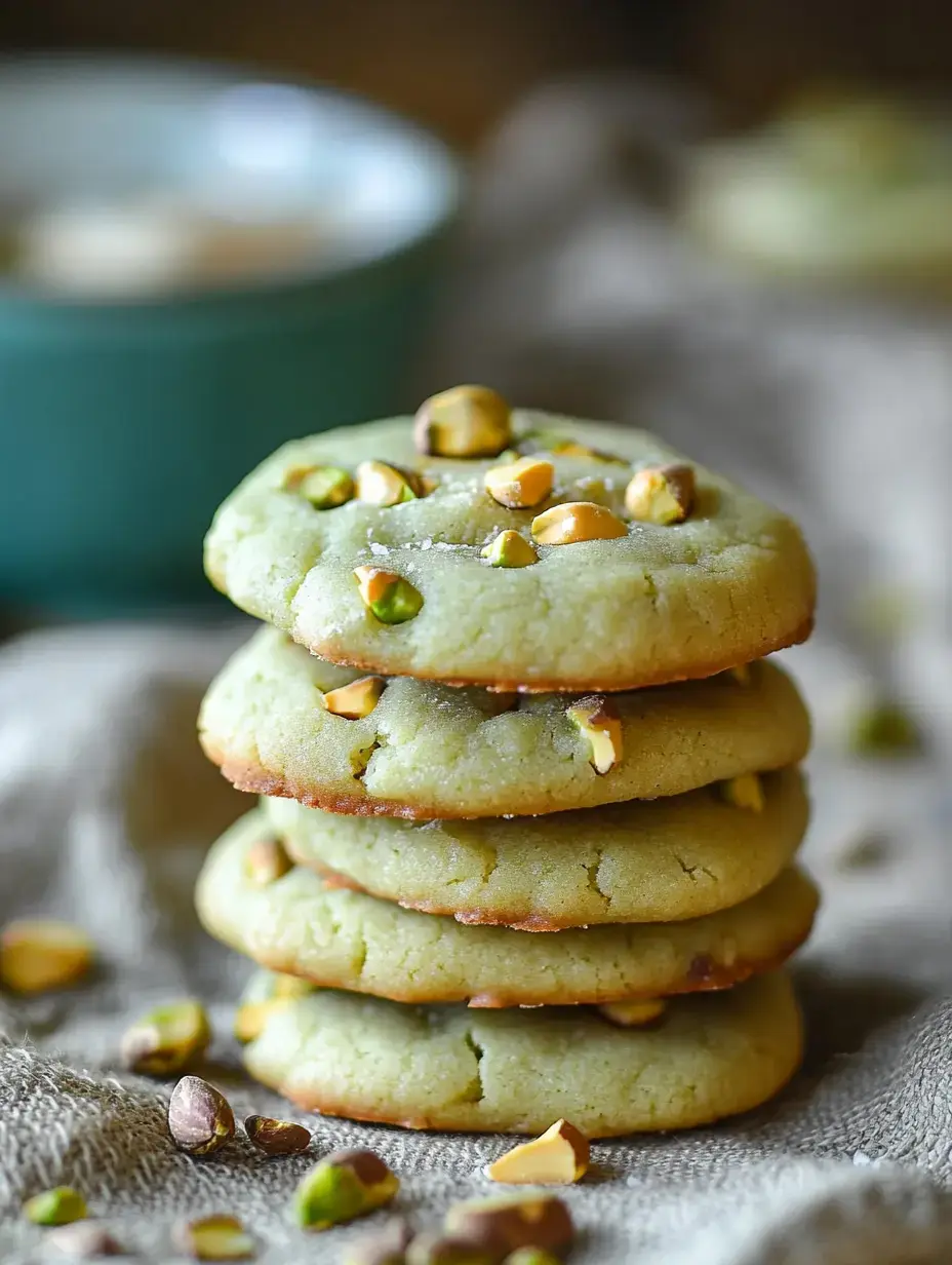 A stack of green pistachio cookies topped with chopped pistachios sits on a textured surface, with blurred elements in the background.