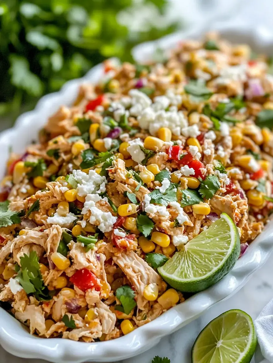 A colorful dish of shredded chicken mixed with corn, diced peppers, cilantro, and topped with feta cheese, garnished with lime wedges.