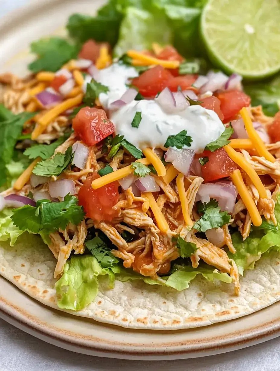 A close-up of a taco filled with shredded chicken, lettuce, diced tomatoes, red onions, shredded cheese, cilantro, sour cream, and a lime wedge.