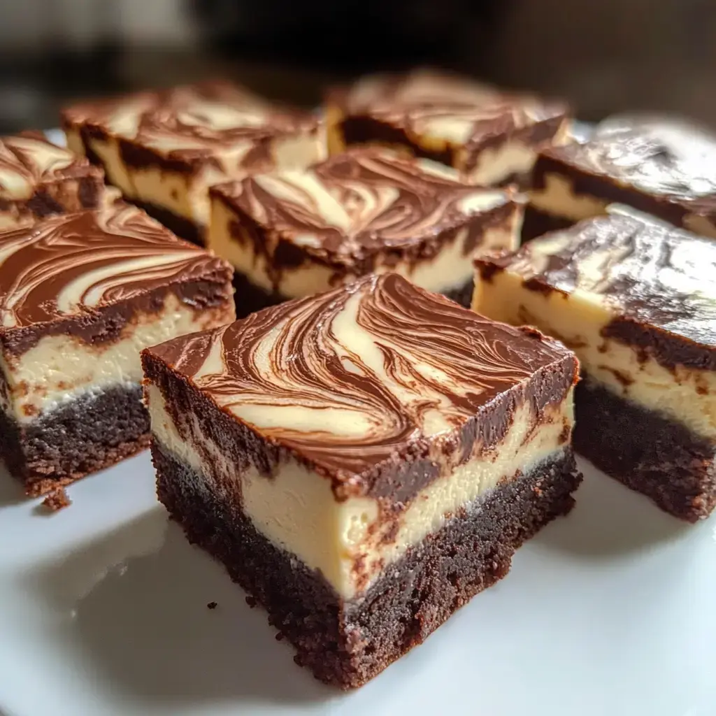 A close-up of several rectangular chocolate cheesecake brownies with a marbled chocolate topping on a white plate.