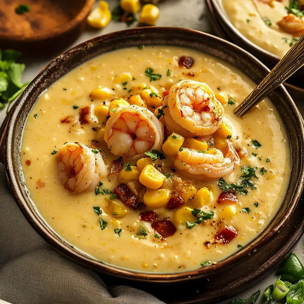 A bowl of creamy shrimp and corn chowder garnished with parsley, featuring tender shrimp, yellow corn, and bits of bacon.