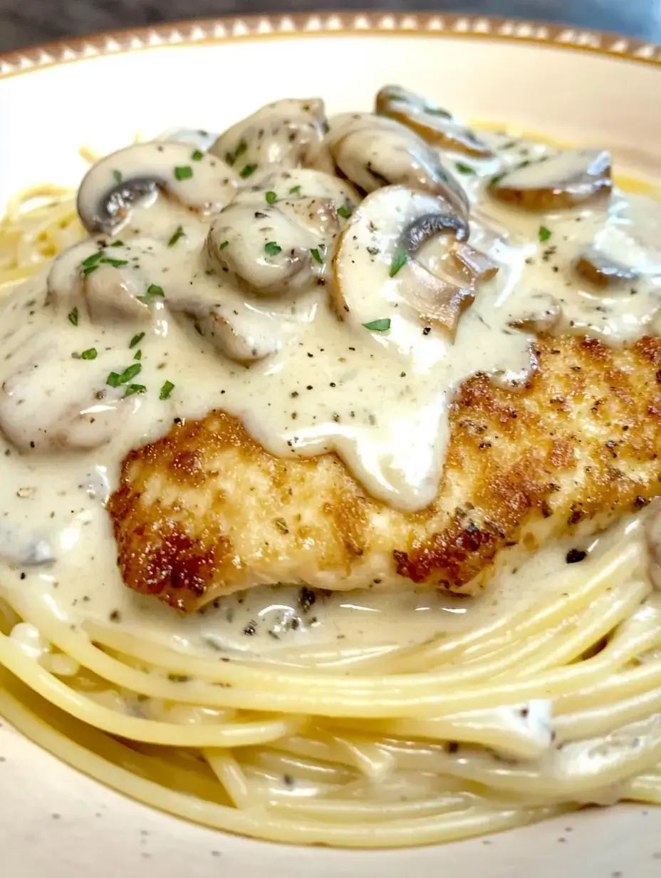 A creamy mushroom sauce is drizzled over a fried fish fillet served on a bed of spaghetti.