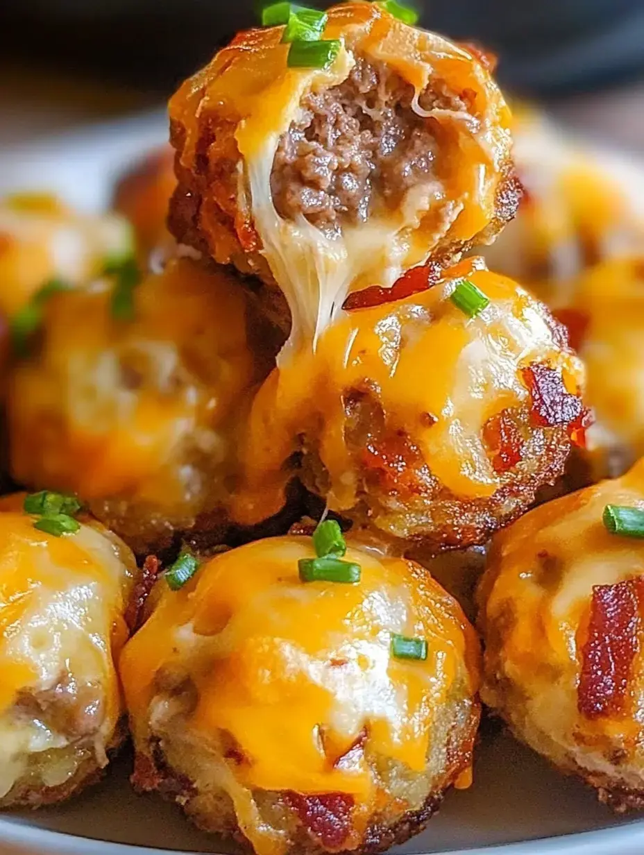 A close-up of cheesy meatballs with melted cheese and green onions, one meatball cut in half to reveal its savory meat filling.