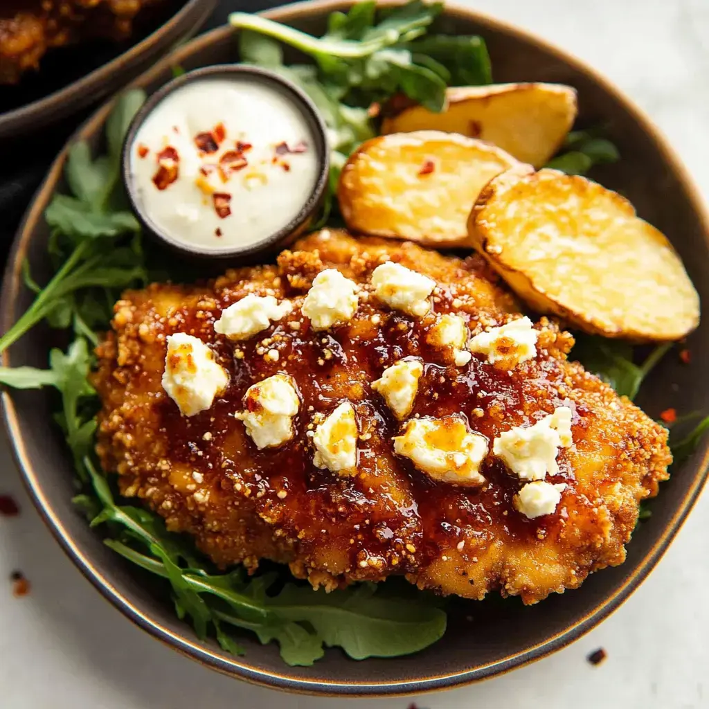 A plate of crispy fried chicken topped with sauce and crumbled cheese, accompanied by potato wedges and a small bowl of dipping sauce on a bed of arugula.