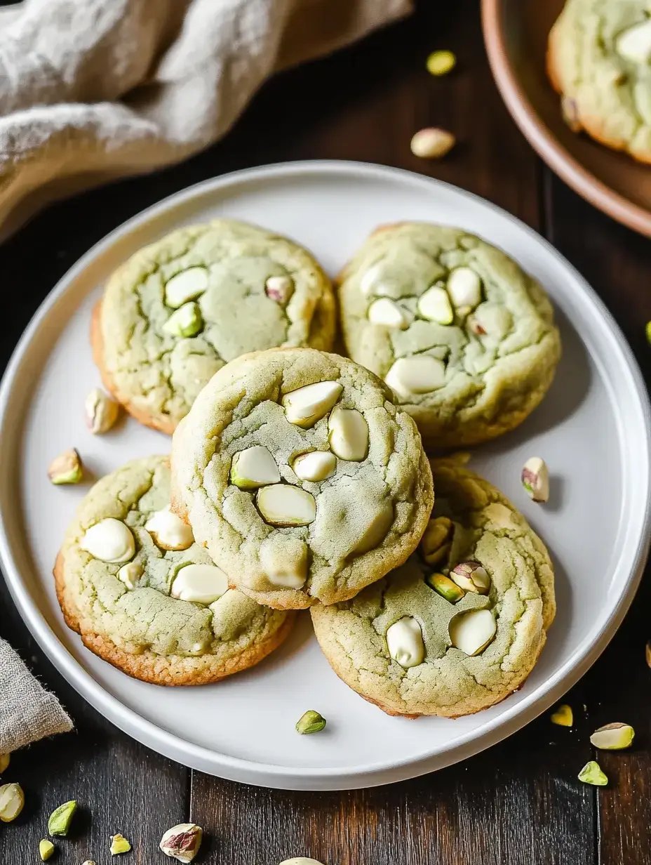 A plate of green pistachio cookies topped with white chocolate chips and surrounded by scattered pistachio bits.