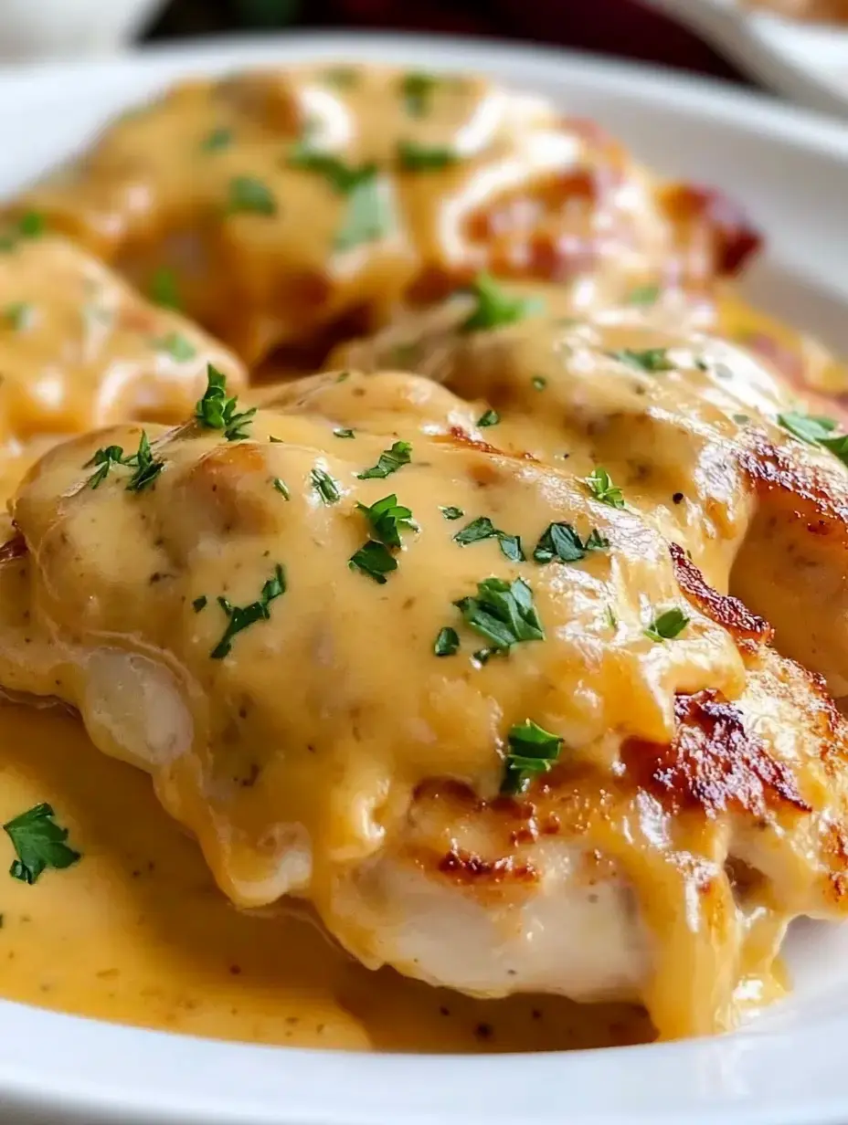 A close-up of grilled chicken breasts topped with creamy cheese sauce and garnished with chopped parsley.