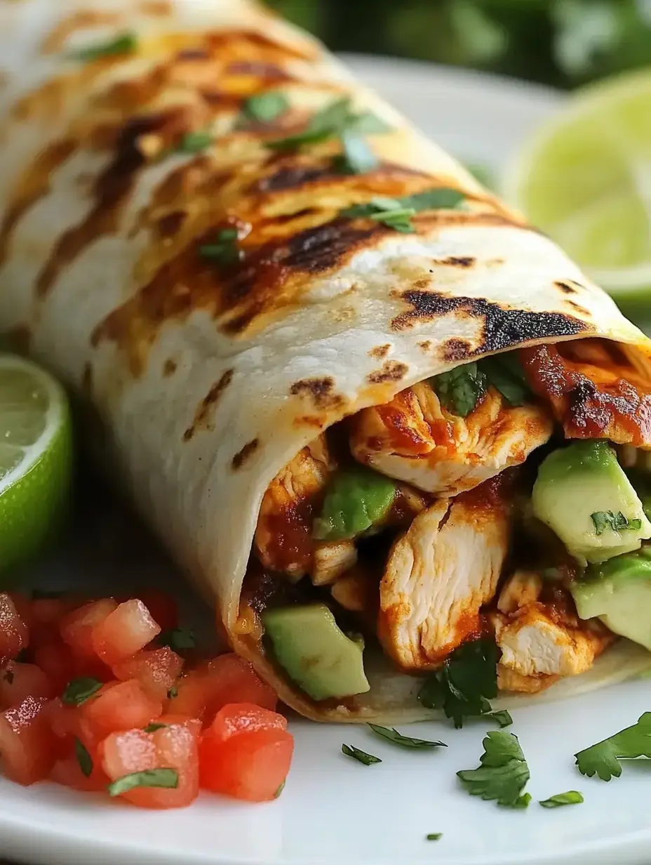 A close-up of a grilled chicken burrito filled with avocado and garnished with cilantro, served alongside lime wedges and diced tomatoes.