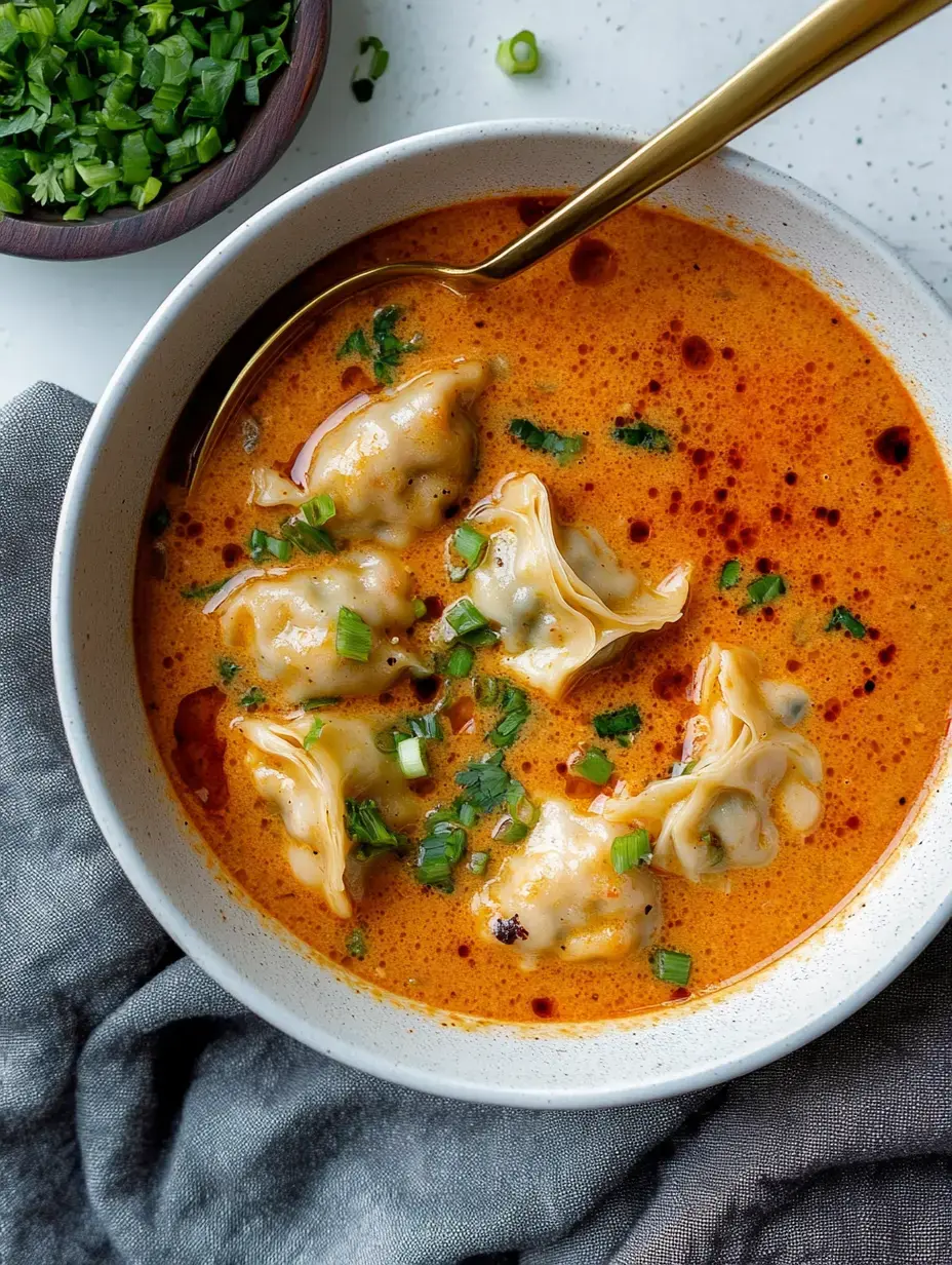 A bowl of creamy soup with dumplings garnished with chopped green onions, served with a golden spoon and a side of fresh herbs.