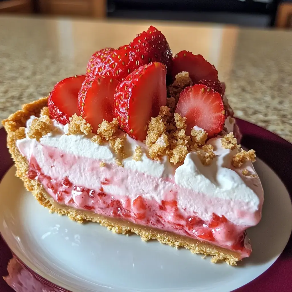 A slice of strawberry pie topped with fresh strawberry slices and crumbled topping on a white plate.