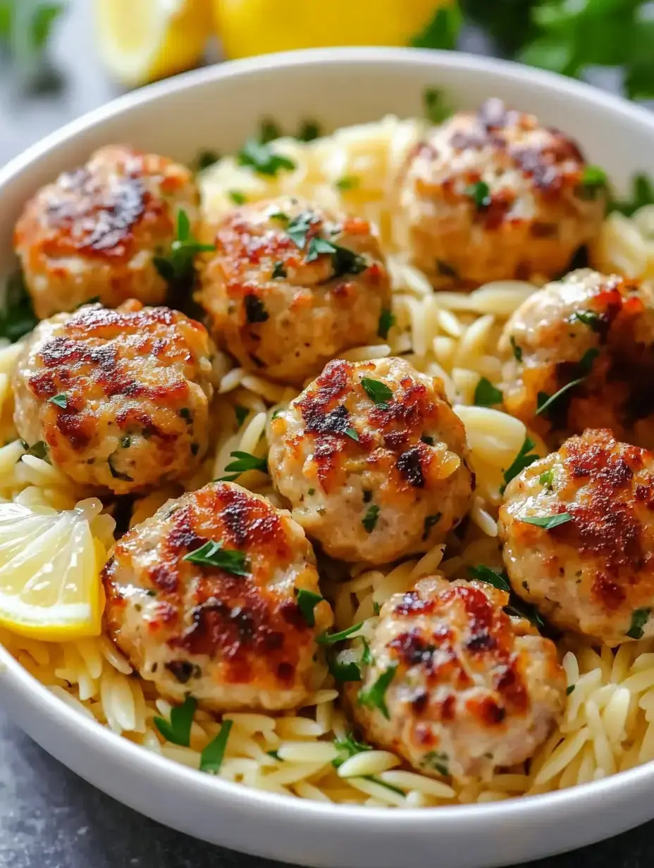 A bowl of orzo pasta topped with golden-brown meatballs garnished with parsley and a slice of lemon.