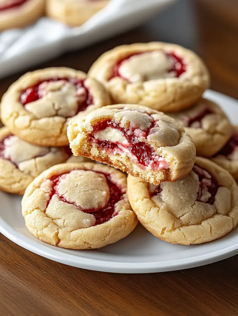 A plate of freshly baked cookies filled with raspberry jam and cream cheese, with one cookie halved to show the filling.