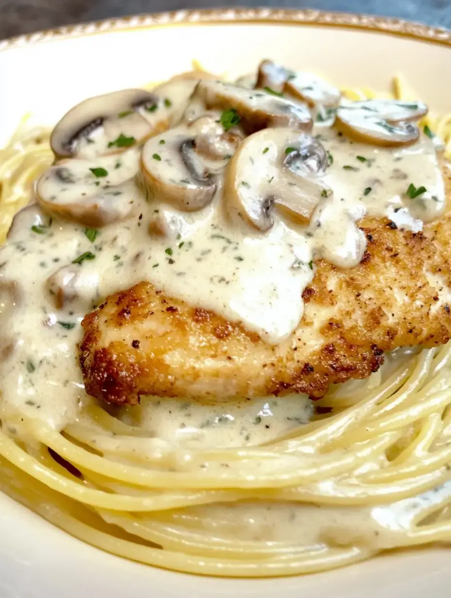 A plate of spaghetti topped with grilled chicken, creamy mushroom sauce, and garnished with parsley.