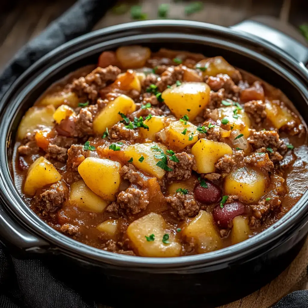 A hearty dish of beef stew with potatoes, beans, and garnished with fresh parsley, served in a black bowl.