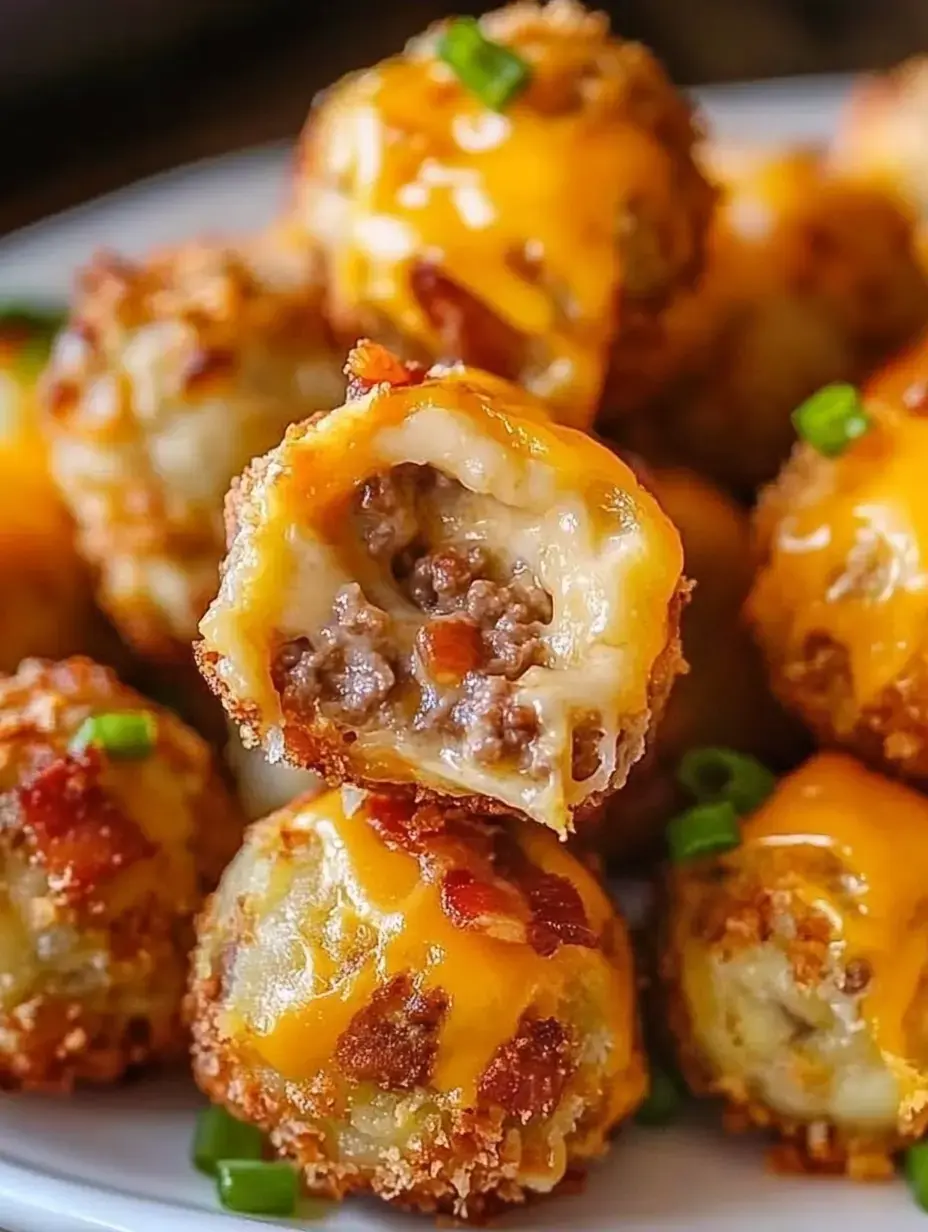 A close-up of cheesy, stuffed meatballs topped with melted cheese and green onion, with one meatball sliced open to reveal its meaty filling.