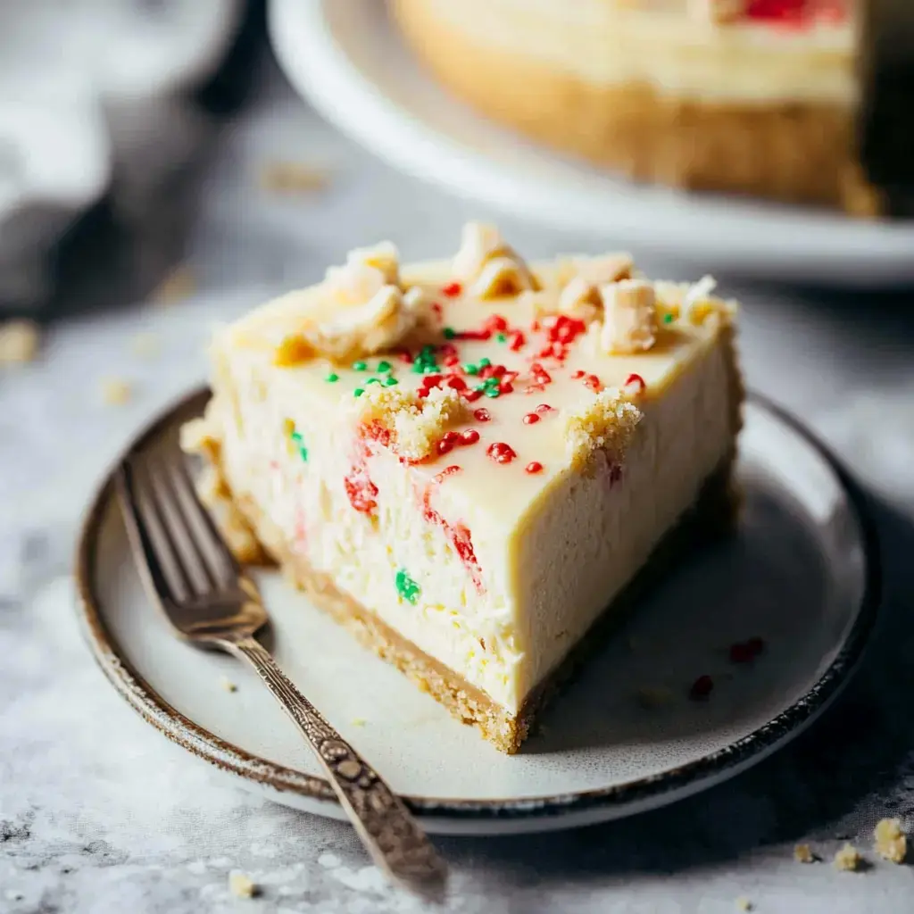 A slice of decorated cheesecake with red and green sprinkles is served on a plate alongside a fork.