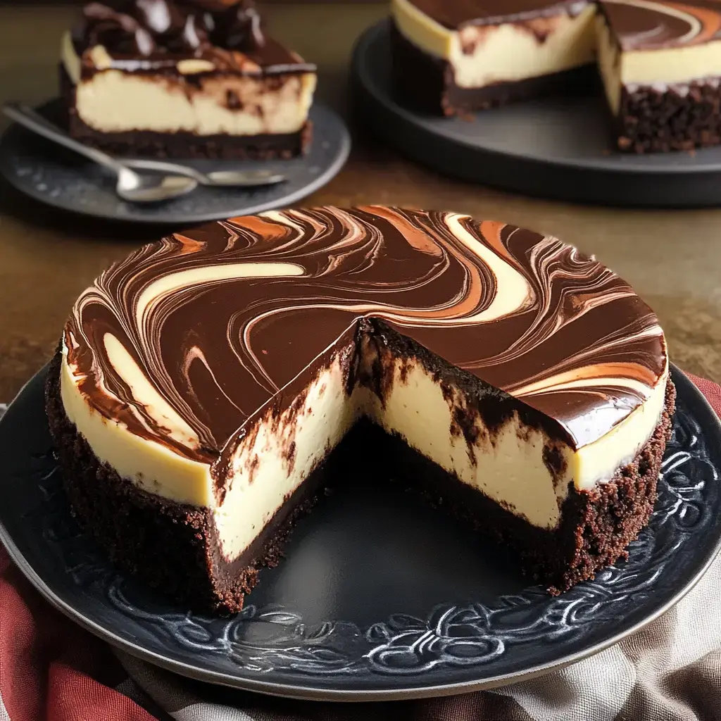 A beautifully layered chocolate cheesecake with a glossy chocolate ganache topping, partially sliced and displayed on a decorative black plate.