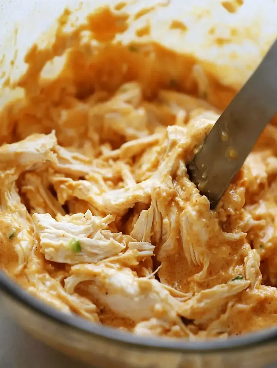 A creamy mixture of shredded chicken and sauce is being stirred in a glass bowl.