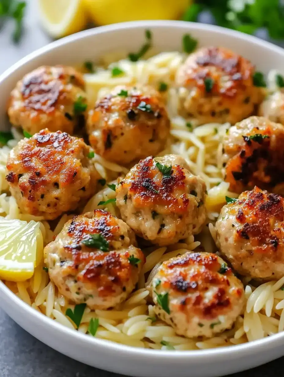 A bowl of cooked orzo pasta topped with golden-brown meatballs and garnished with parsley, alongside lemon wedges.