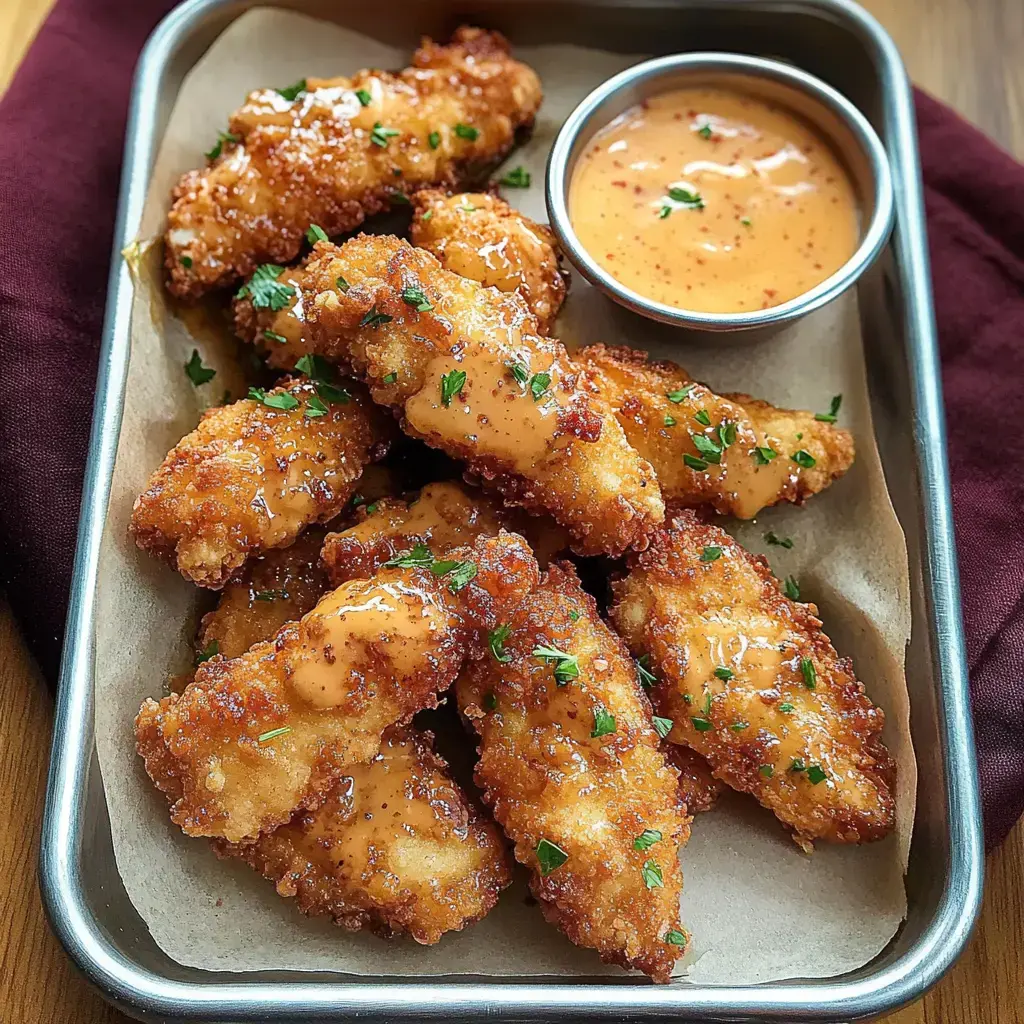 A metal tray holds several crispy chicken tenders drizzled with a creamy sauce, accompanied by a small bowl of dipping sauce, and garnished with parsley.